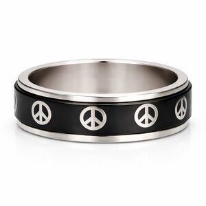 Black Stainless Steel Peace Sign Spinner Ring Fidget Band Anxiety Stress Relief